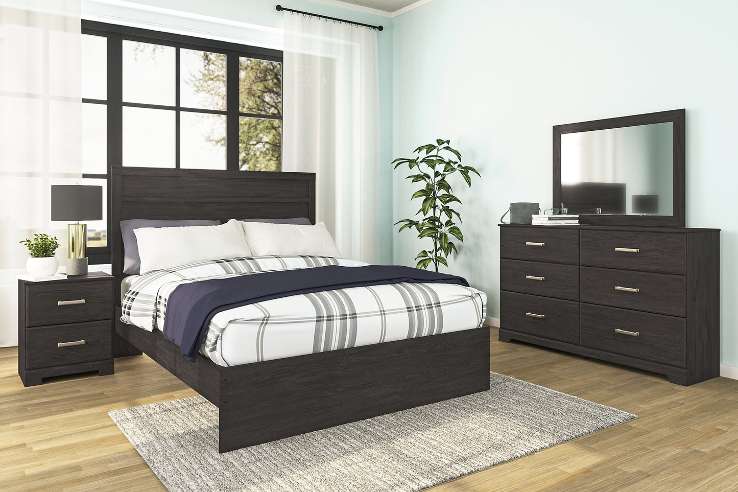 Belachime Queen Panel Bed with Mirrored Dresser and Nightstand