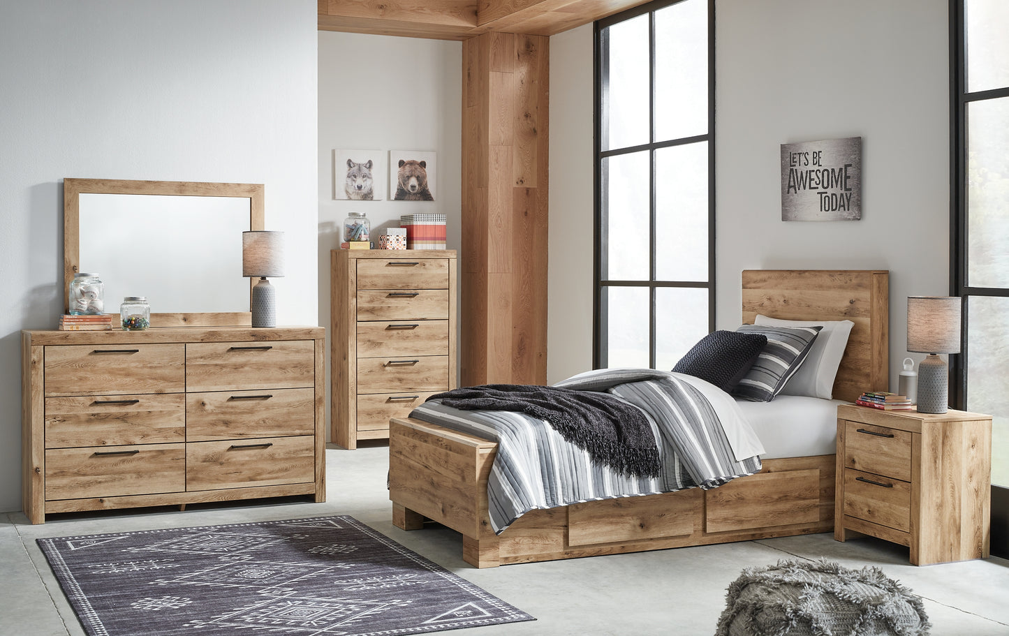 Hyanna Twin Panel Bed with Storage with Mirrored Dresser and 2 Nightstands