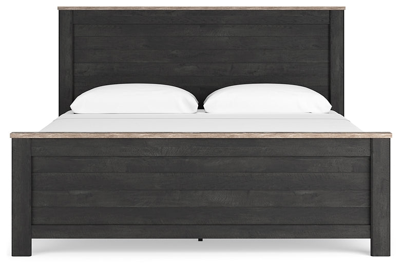Nanforth King Panel Bed with Mirrored Dresser and Nightstand