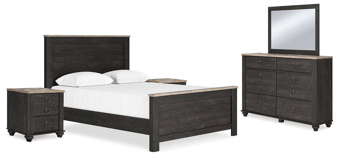 Nanforth Queen Panel Bed with Mirrored Dresser and 2 Nightstands