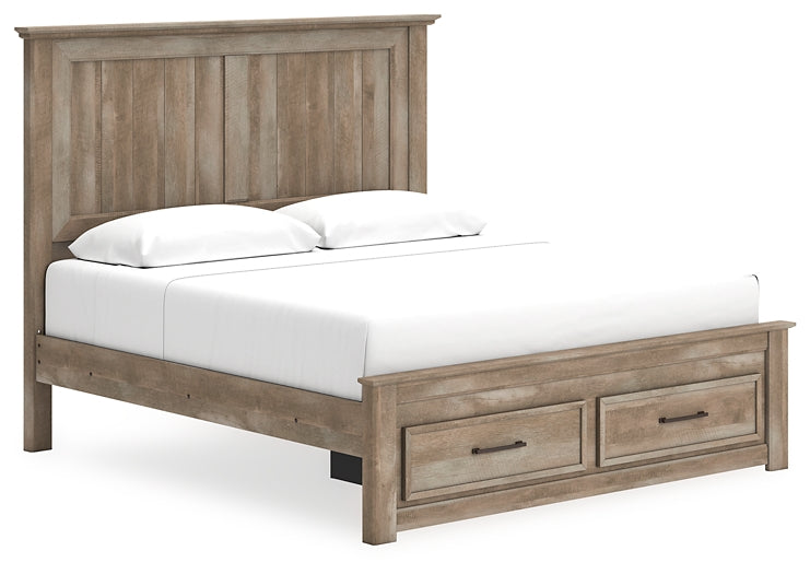 Yarbeck King Panel Bed with Storage with Mirrored Dresser, Chest and Nightstand