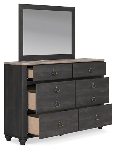 Nanforth King/California King Panel Headboard with Mirrored Dresser and Chest