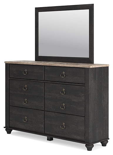 Nanforth King Panel Bed with Mirrored Dresser, Chest and 2 Nightstands