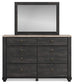 Nanforth Queen Panel Headboard with Mirrored Dresser, Chest and 2 Nightstands