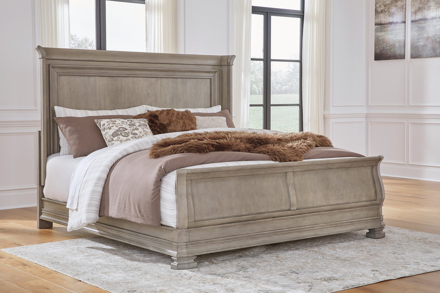 Lexorne California King Sleigh Bed with Mirrored Dresser and 2 Nightstands