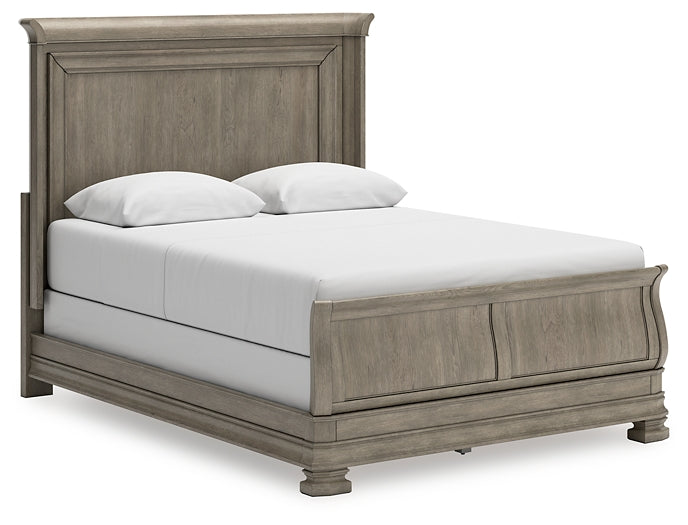 Lexorne Queen Sleigh Bed with Mirrored Dresser and Nightstand