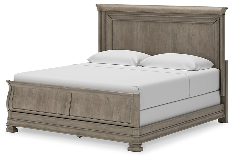 Lexorne California King Sleigh Bed with Mirrored Dresser and Nightstand