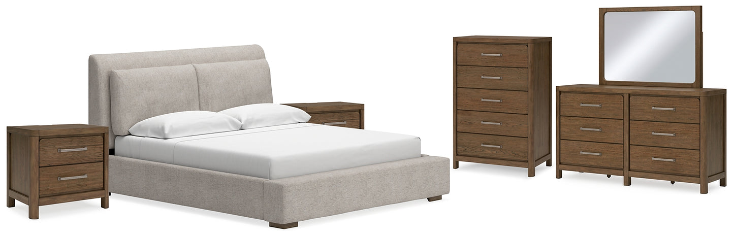 Cabalynn California King Upholstered Bed with Mirrored Dresser, Chest and 2 Nightstands