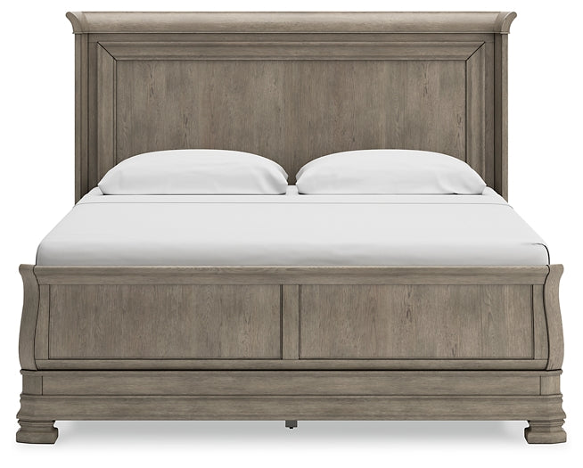 Lexorne King Sleigh Bed with Mirrored Dresser and Chest